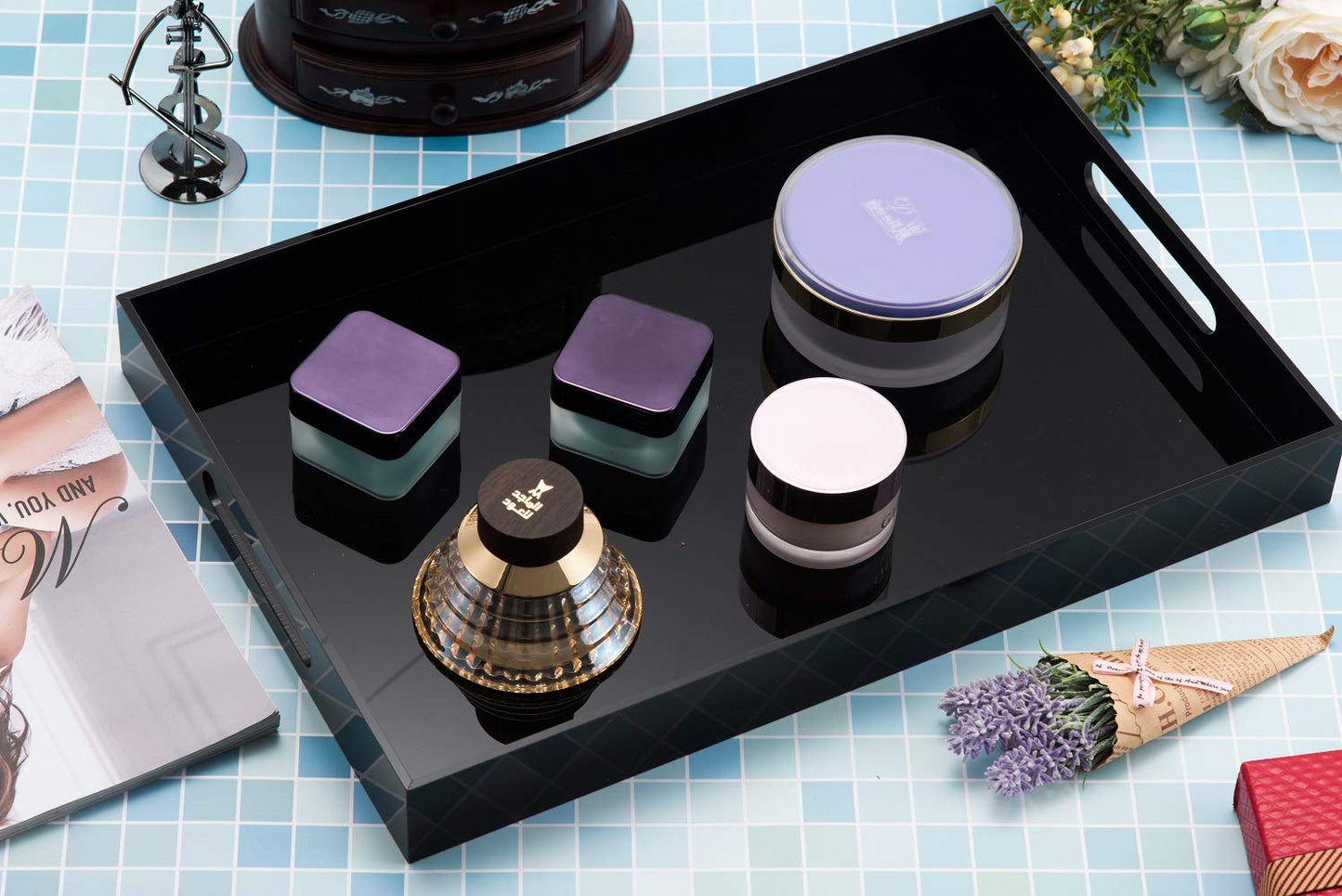 12x16 Inches -Spill Proof Acrylic Serving Tray Decorative Tray Organiser for Ottoman Coffee Table Countertop with Handles