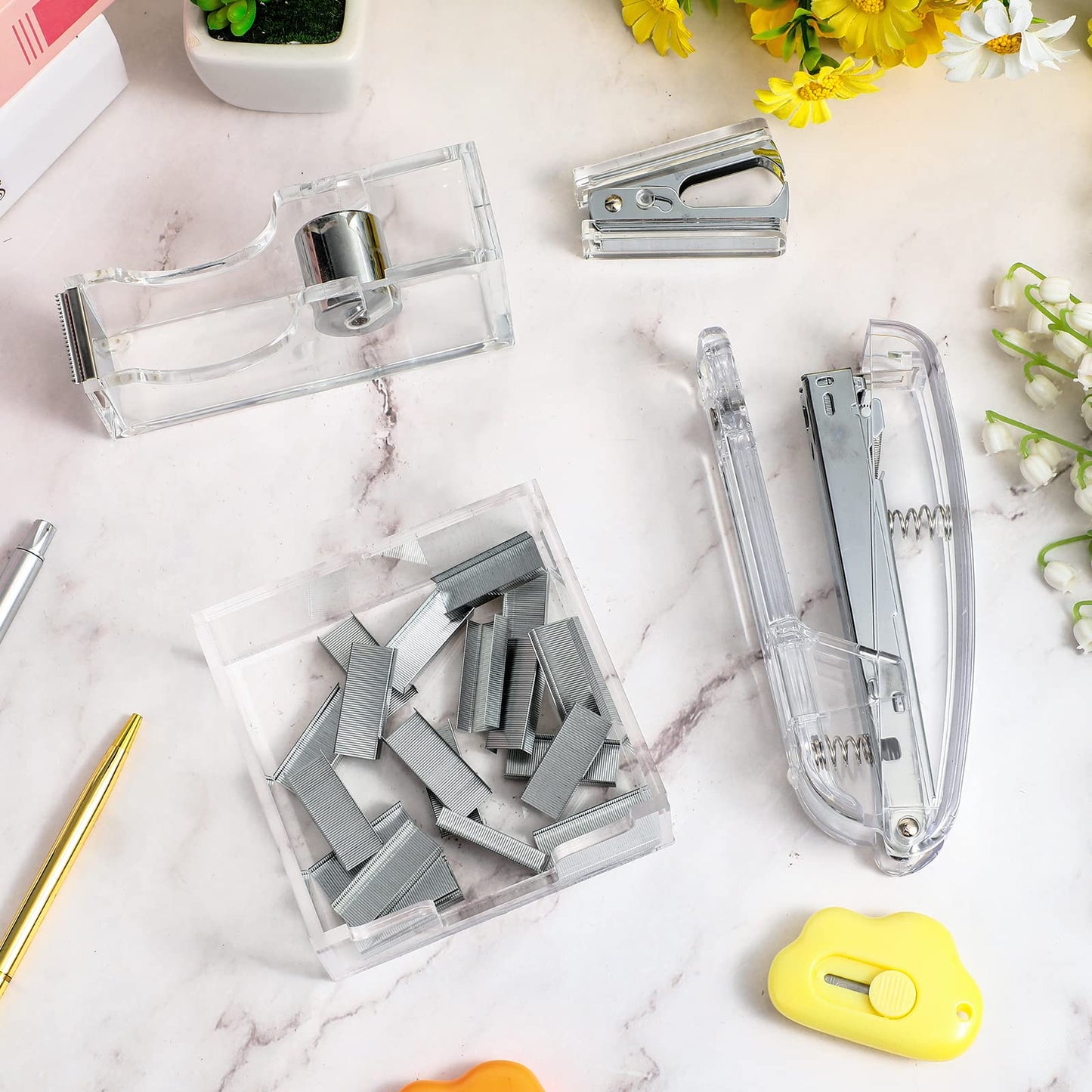 6 Pieces Clear Office Desk Accessories for Women Office Supplies Include Clear Acrylic Tape Dispenser, Notepad Holder, Stapler, Pen Holder, Staples and Staple Remover for Student Teacher