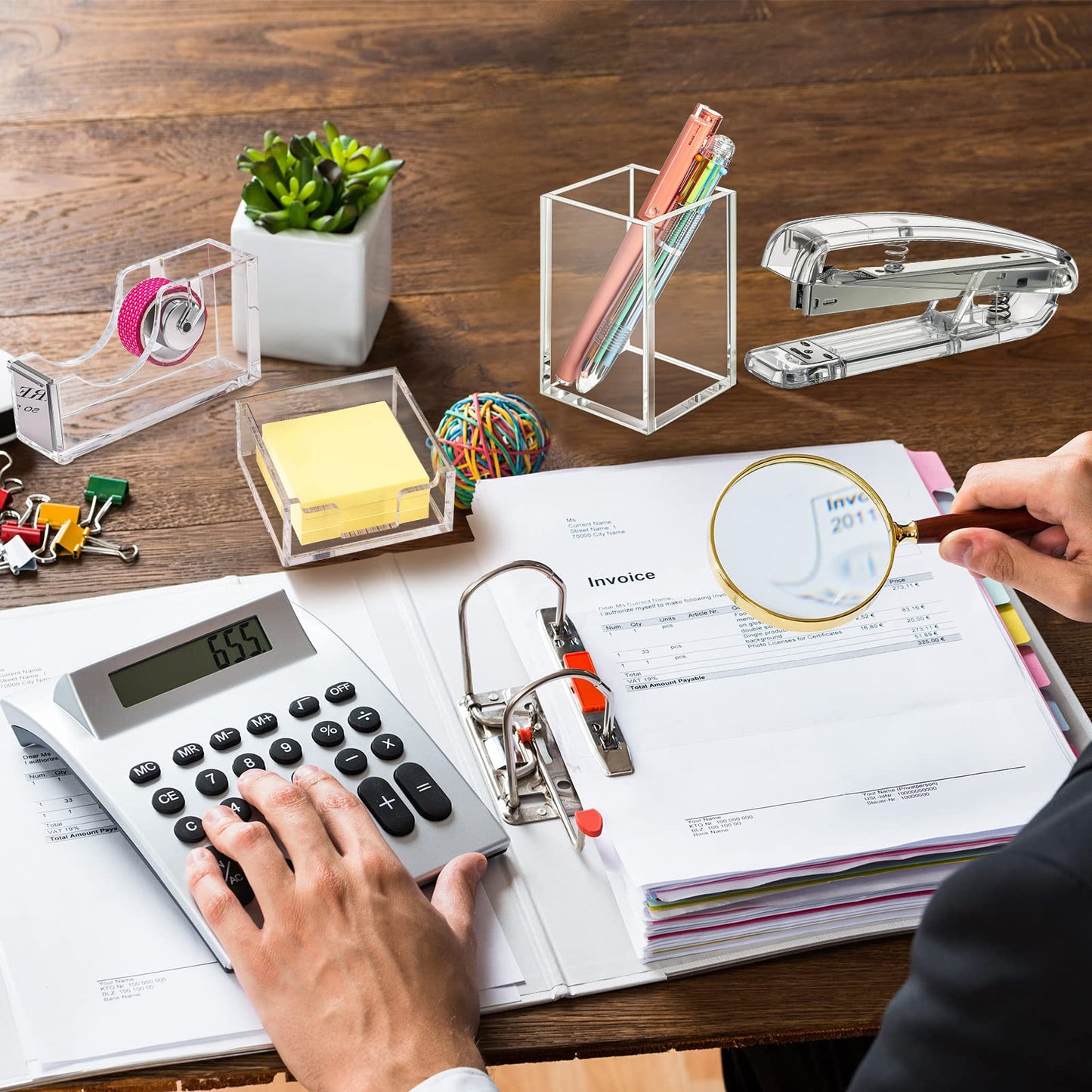 6 Pieces Clear Office Desk Accessories for Women Office Supplies Include Clear Acrylic Tape Dispenser, Notepad Holder, Stapler, Pen Holder, Staples and Staple Remover for Student Teacher