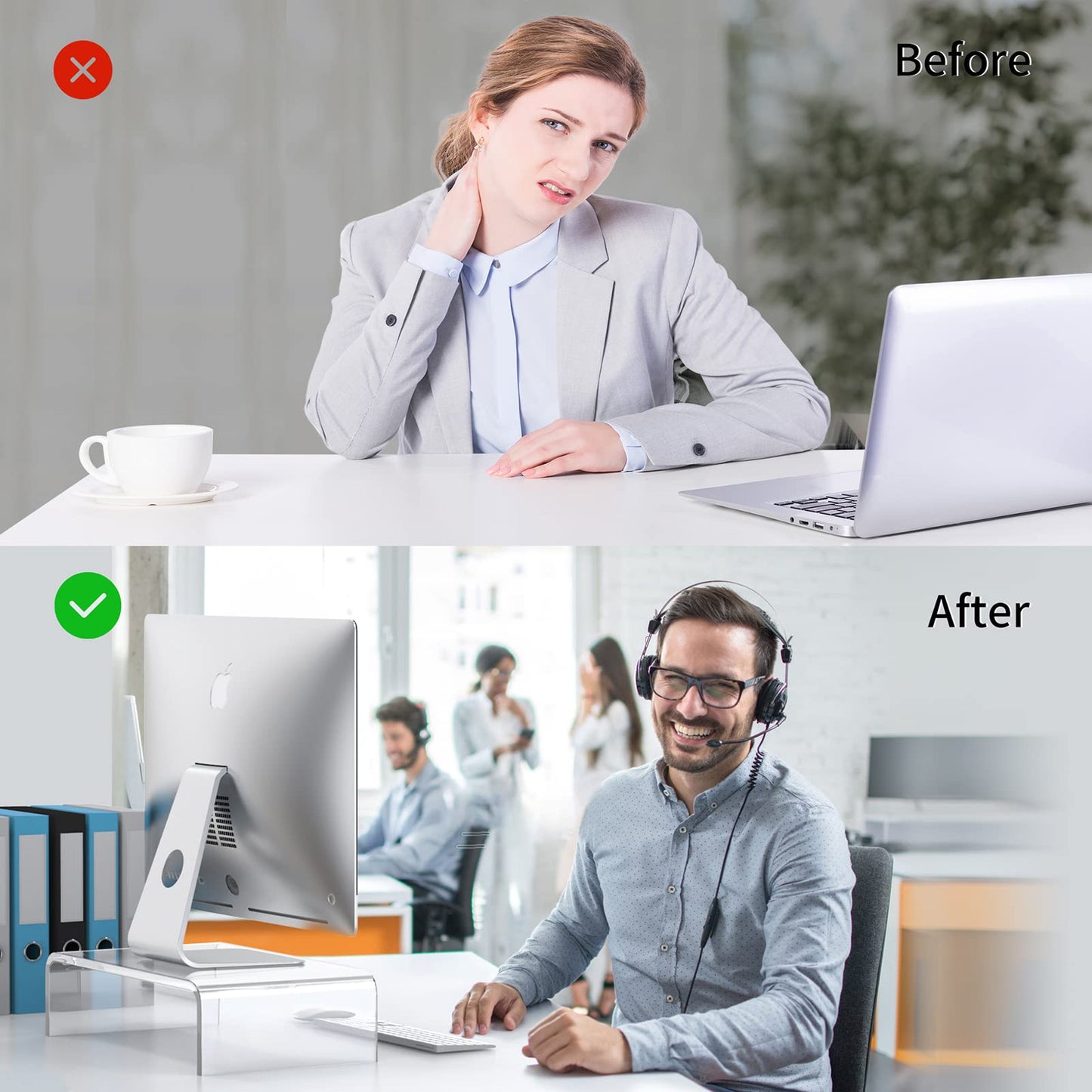 Acrylic Monitor Stand Riser and Laptop Stand - Clear Desk Accessories for Home and Office, White Aesthetic Decorations, iMac Organizer.
