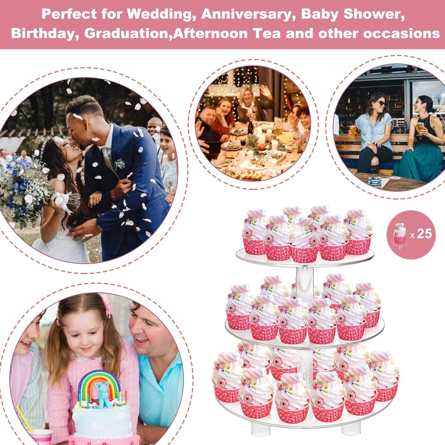 Large 4 Tier Acrylic Round Cake Stand Cupcake Stand Dessert Tower Tea Party Serving Platter, Cupcake Tree Wedding Party Décor, Stand with Rod Feet