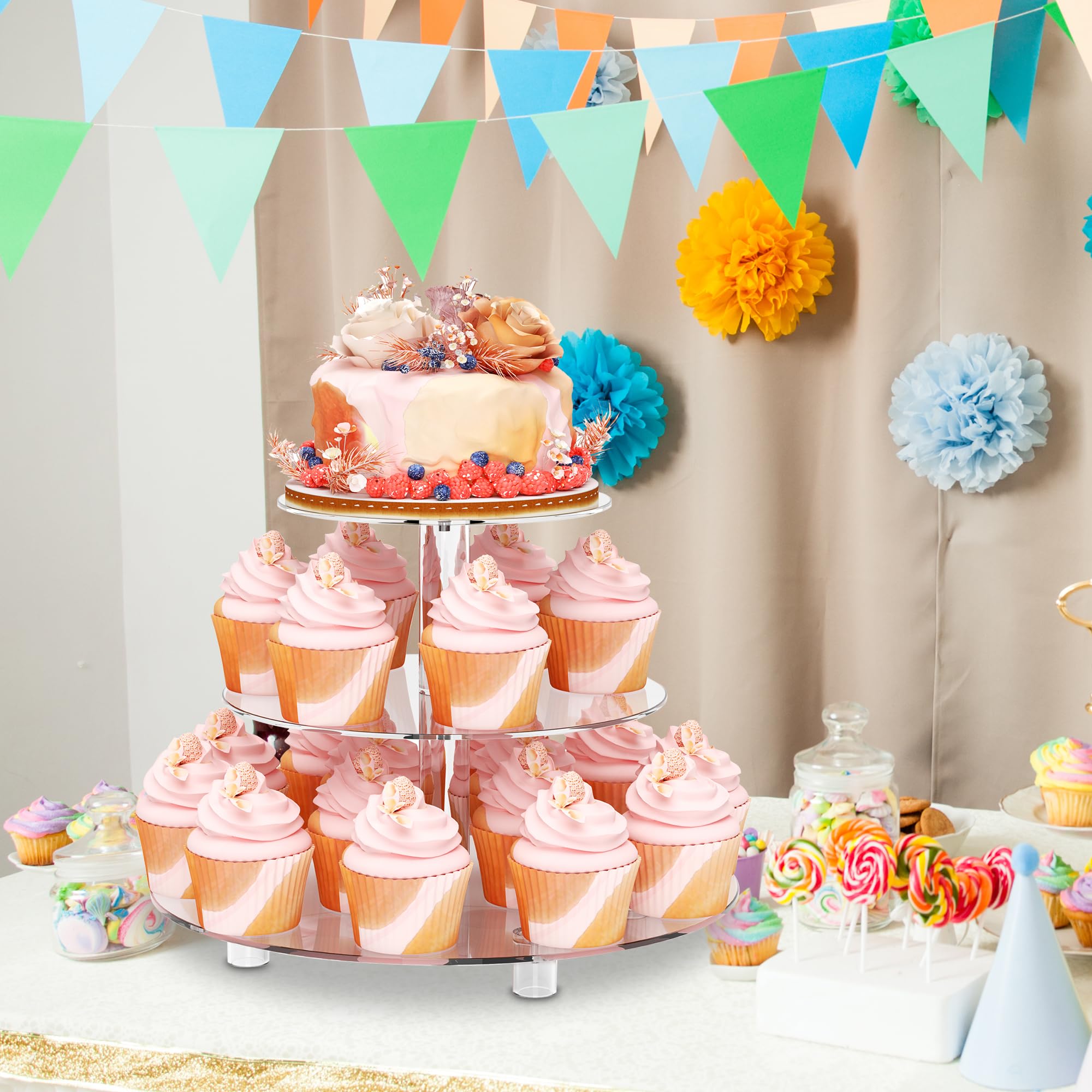 Large 4 Tier Acrylic Round Cake Stand Cupcake Stand Dessert Tower Tea Party Serving Platter, Cupcake Tree Wedding Party Décor, Stand with Rod Feet