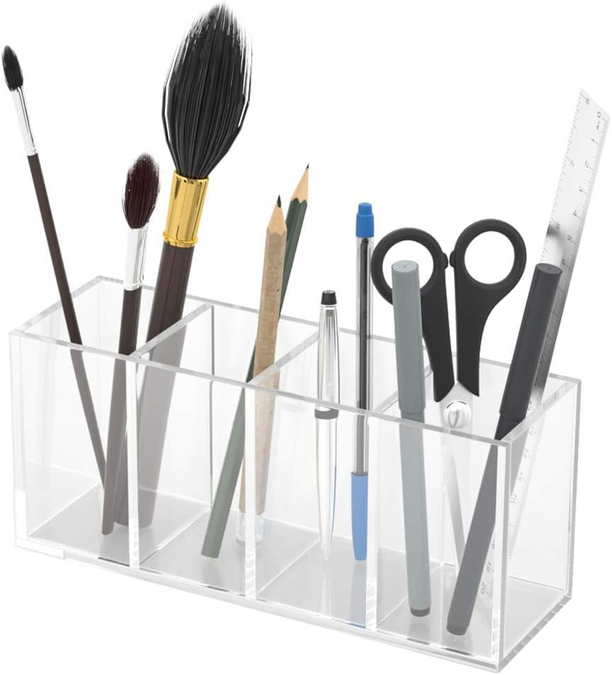 4 Compartments Acrylic Pen Holder, Clear Pencil Organizer Cup for Countertop Desk Accessory Storage
