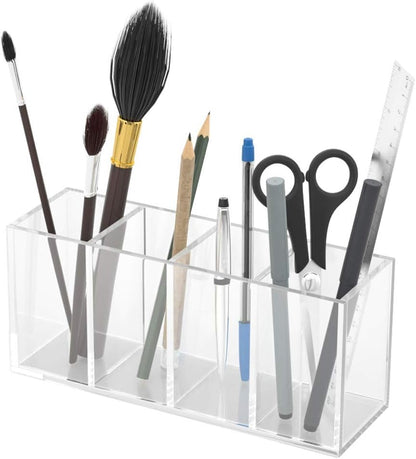 4 Compartments Acrylic Pen Holder, Clear Pencil Organizer Cup for Countertop Desk Accessory Storage