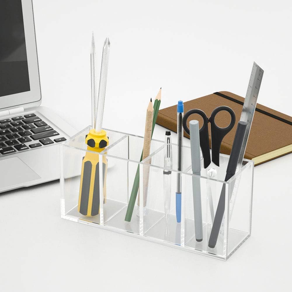 4 Compartments Acrylic Pen Holder, Clear Pencil Organizer Cup for Countertop Desk Accessory Storage