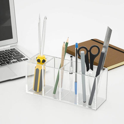4 Compartments Acrylic Pen Holder, Clear Pencil Organizer Cup for Countertop Desk Accessory Storage