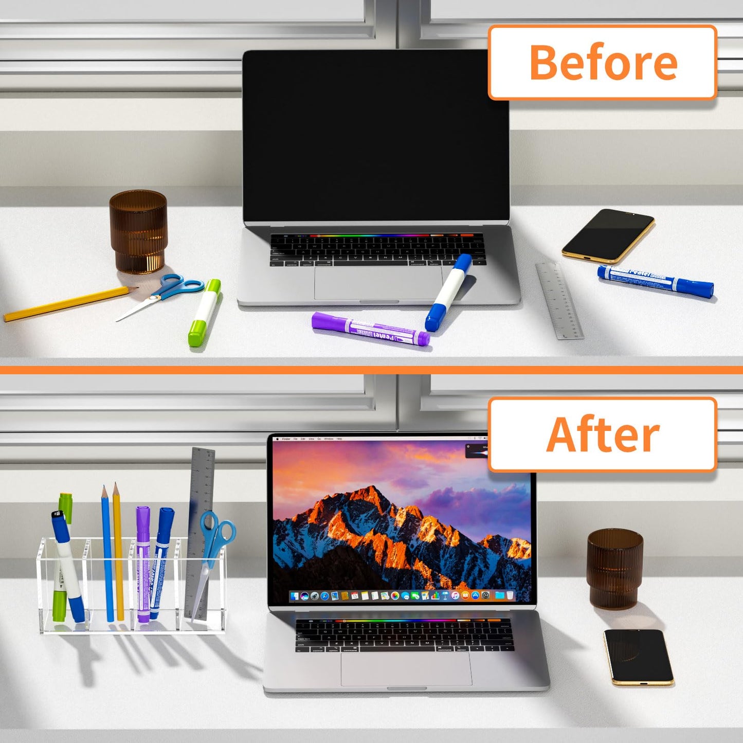 4 Compartments Acrylic Pen Holder, Clear Pencil Organizer Cup for Countertop Desk Accessory Storage