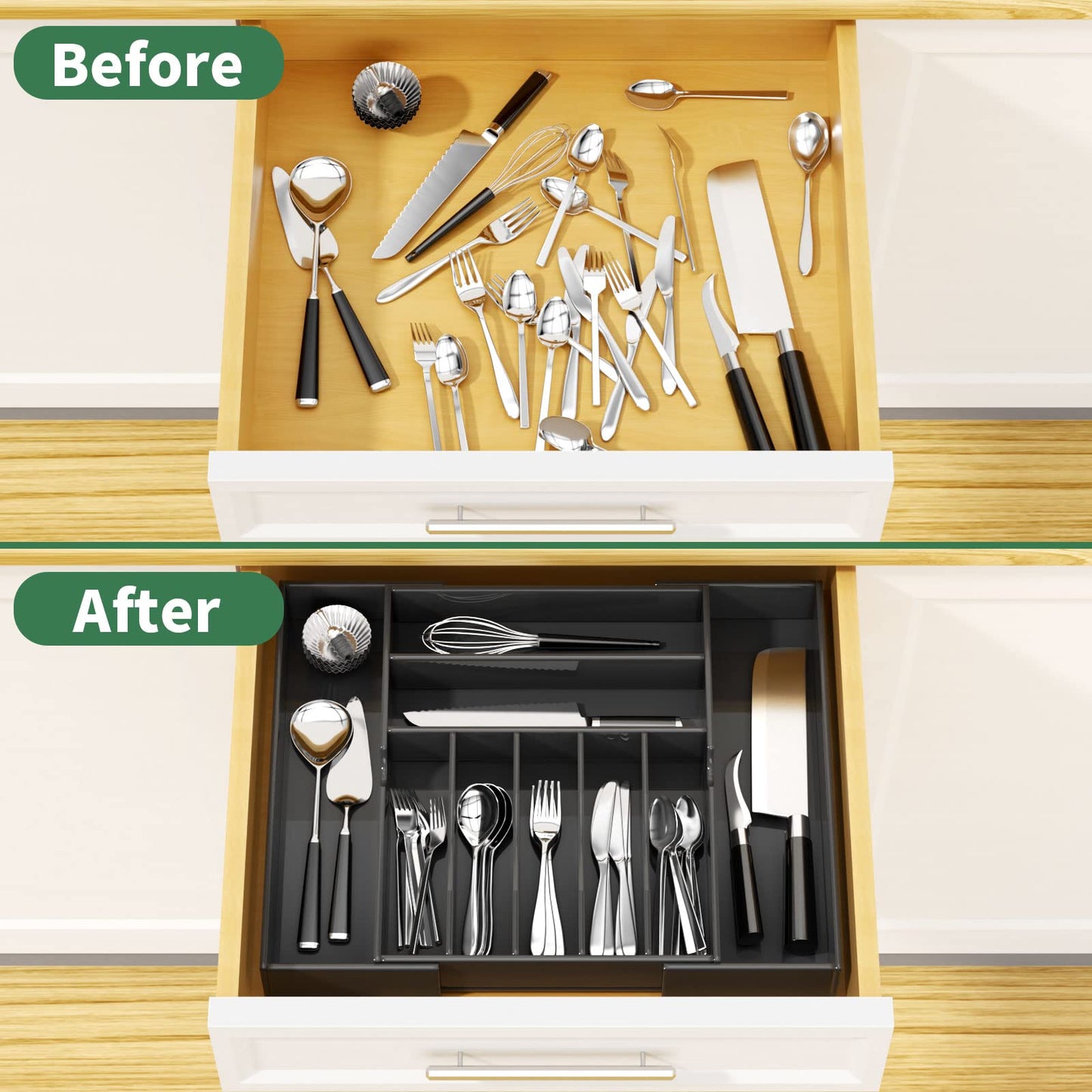 Expandable Kitchen Drawer Organizer for Flatware and Utensils,Clear Acrylic Adjustable Silverware Tray for Drawer,Office,Bathroom Supplies-9 Compartments