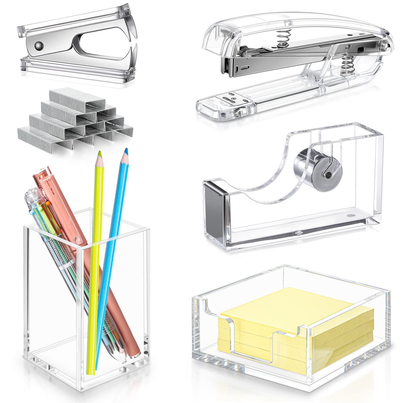 6 Pieces Clear Office Desk Accessories for Women Office Supplies Include Clear Acrylic Tape Dispenser, Notepad Holder, Stapler, Pen Holder, Staples and Staple Remover for Student Teacher