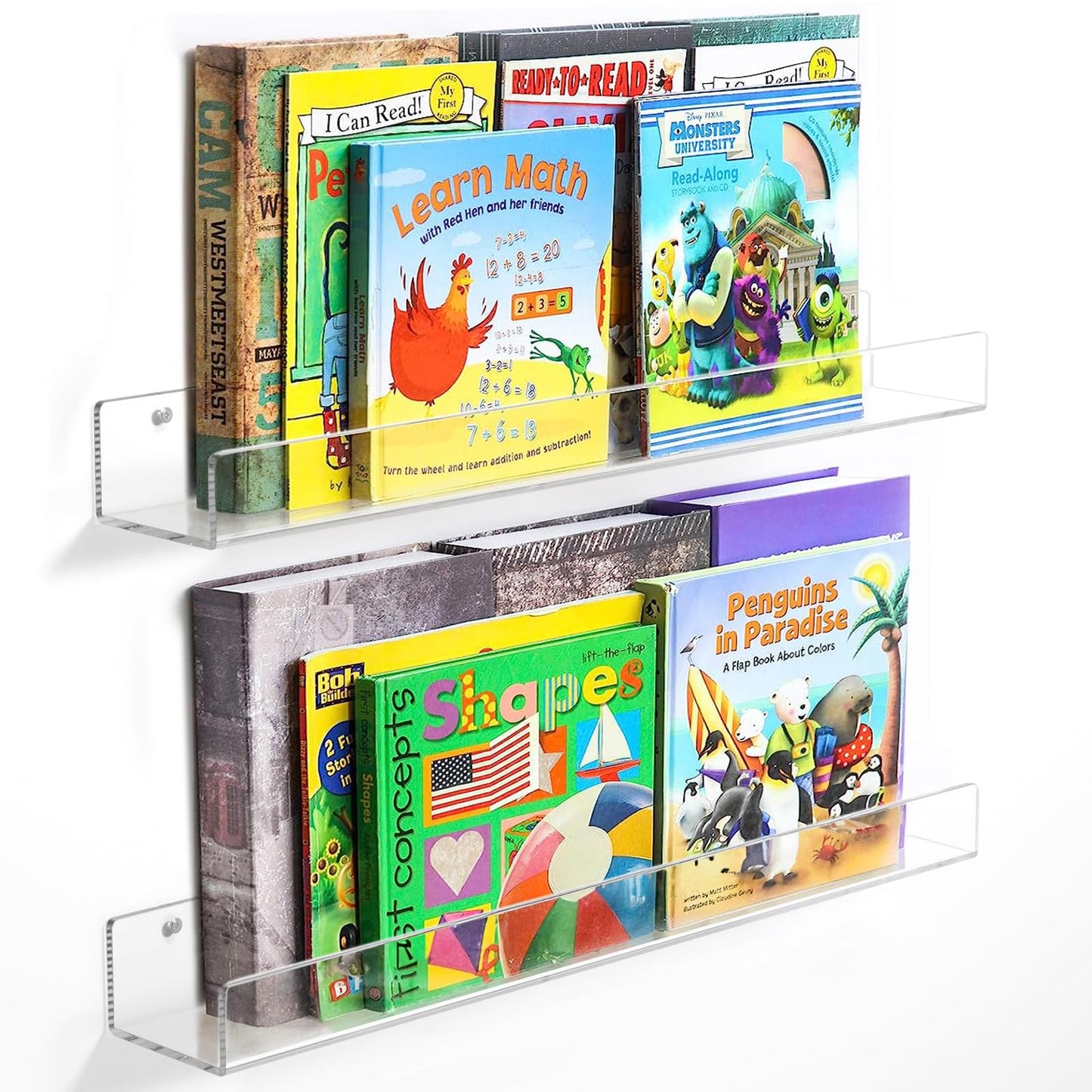 6Pack Acrylic Floating Shelves, 12 inch Clear Bathroom Wall Shelf, Bookshelves, Invisible Display for Office, Bedroom, Small Gap Allows Water to Escape, Free Screws & Drill Bit