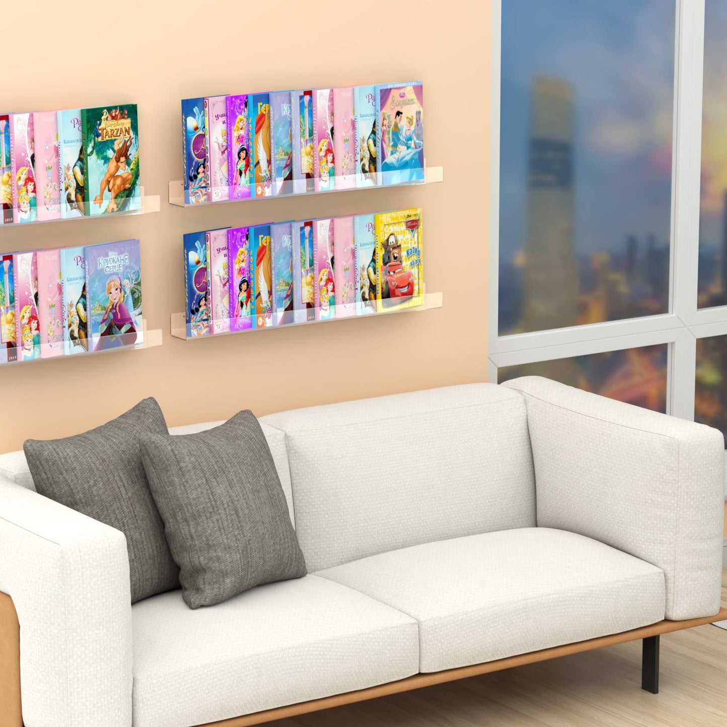 6Pack Acrylic Floating Shelves, 12 inch Clear Bathroom Wall Shelf, Bookshelves, Invisible Display for Office, Bedroom, Small Gap Allows Water to Escape, Free Screws & Drill Bit